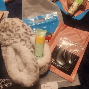 Cozy SLIPPERS, Lotion OR CHAPSTICK, Face MASK AND EYE MASK